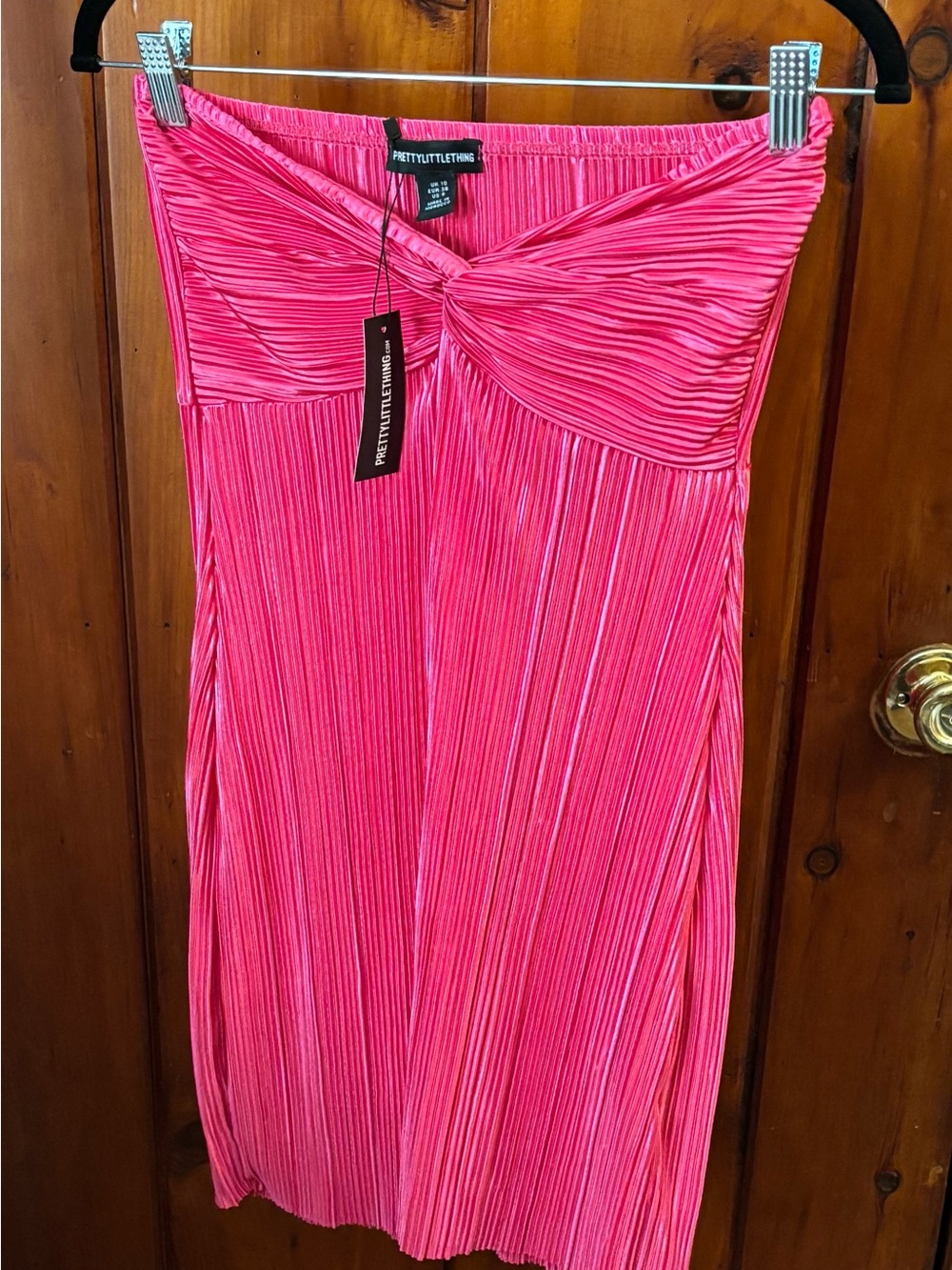 PrettyLittleThing Hot Pink Pleated Strapless Twist Midi Dress